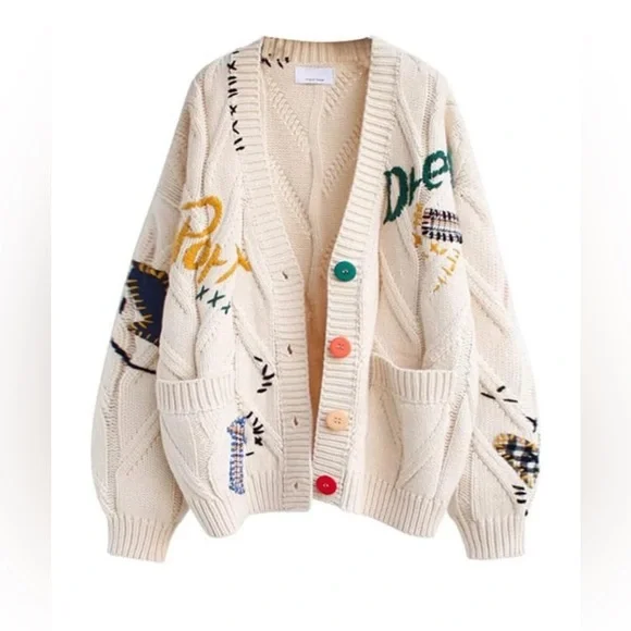 Cable Knit Cozy Embroidered Cardigan Sweater Size M - Picture 2 of 10